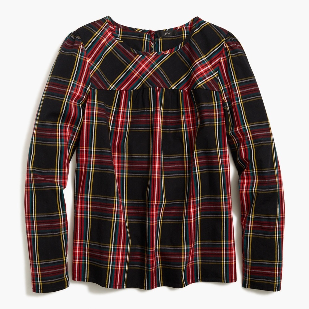 J Crew Tartan Puff-Sleeve Top Stretch Poplin Black Stewart Size Medium